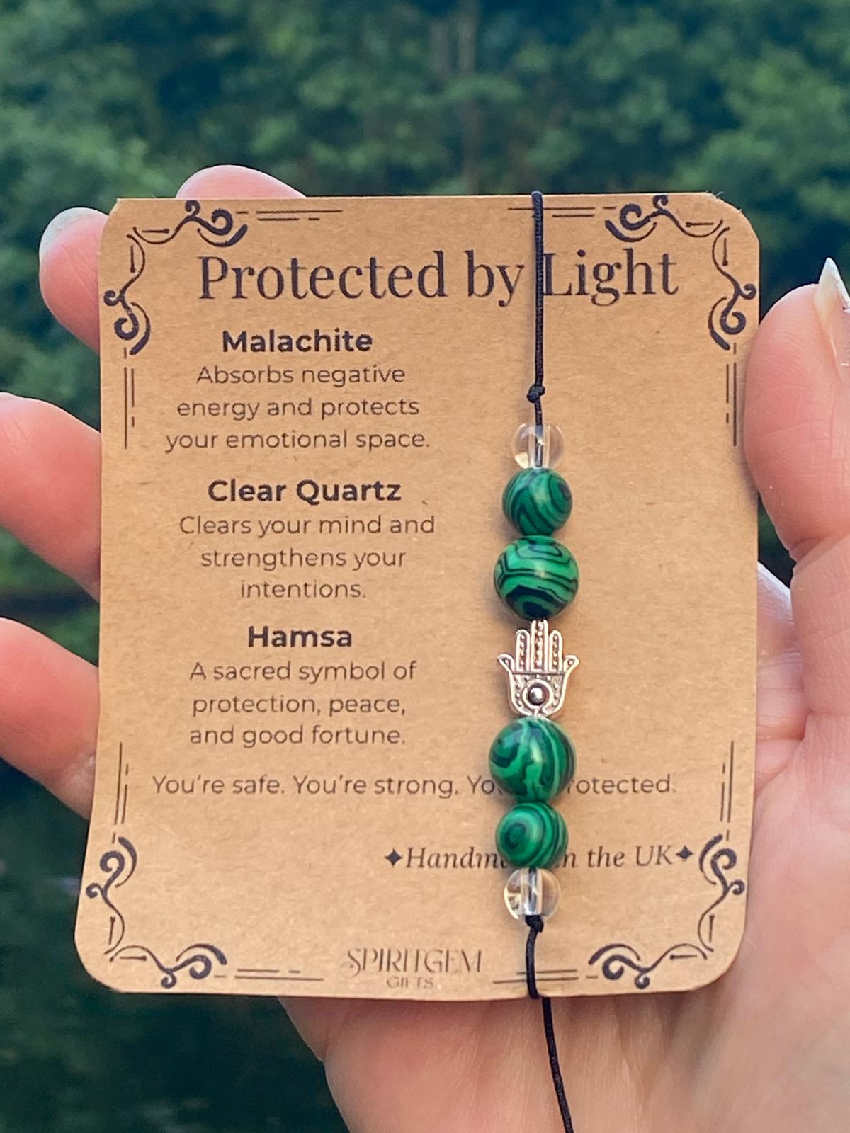 Protected by Light | Malachite and Hamsa Crystal Bracelet for Strength and Peace