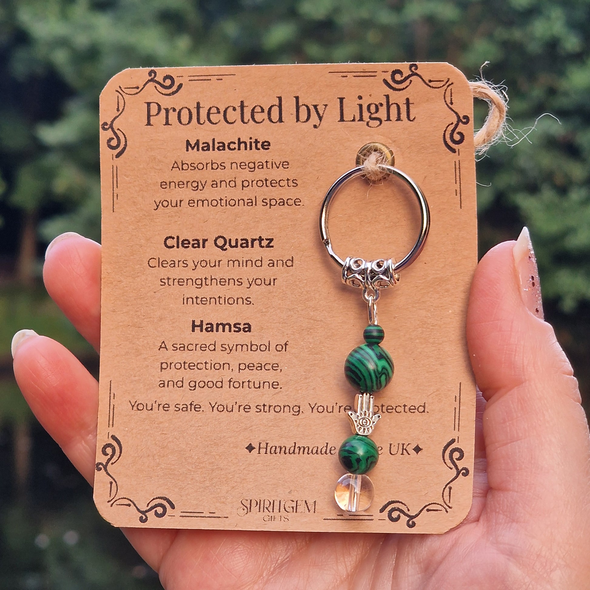 Protected by Light Crystal Keyring – Hamsa Protection