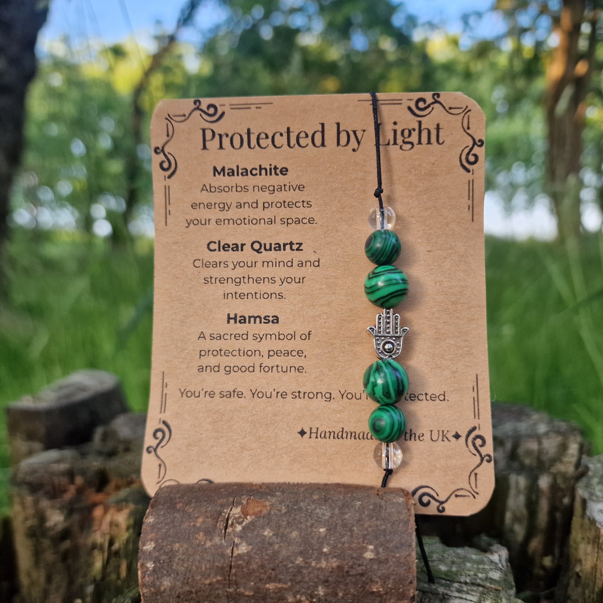 Protected by Light | Malachite and Hamsa Crystal Bracelet for Strength and Peace