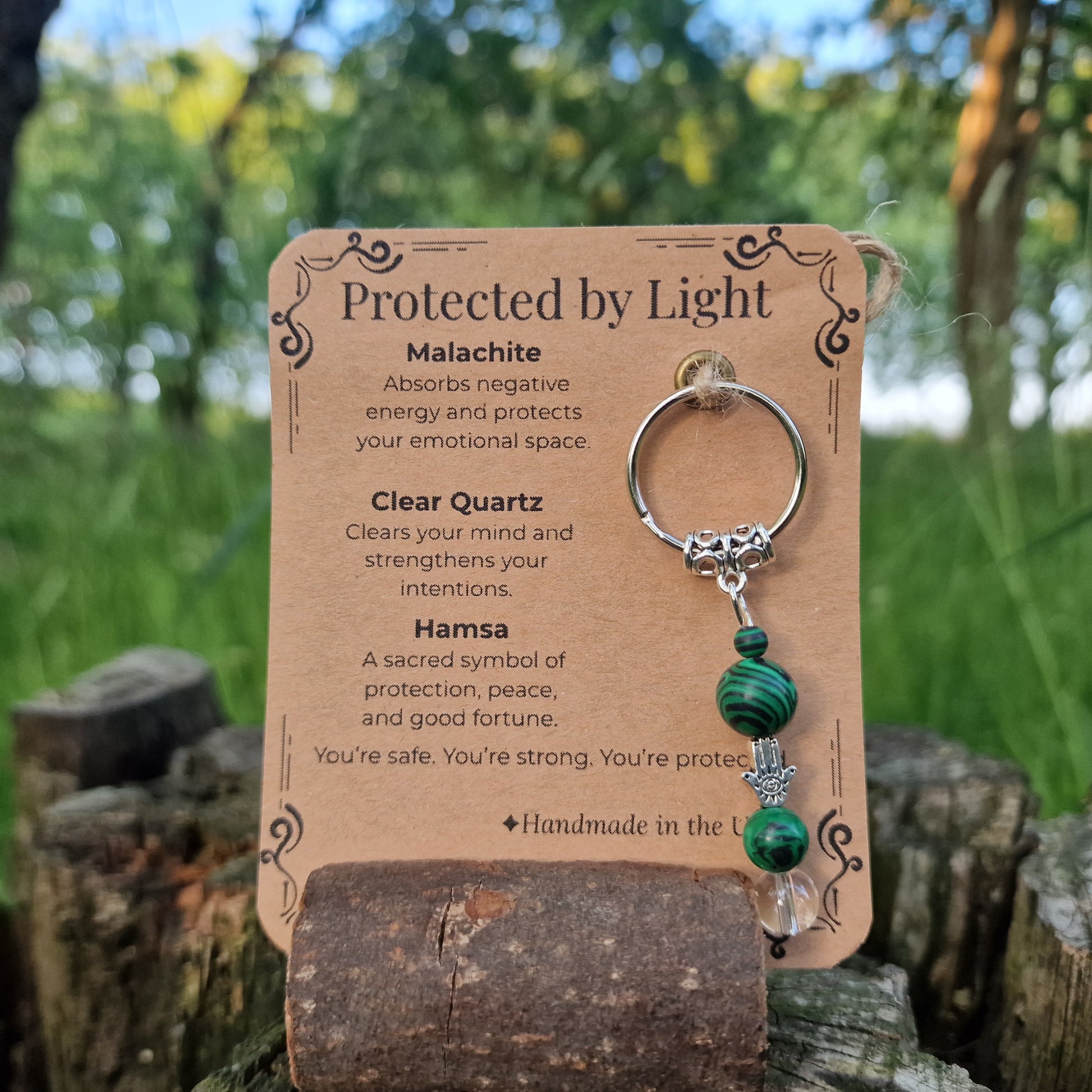 Protected by Light Crystal Keyring – Hamsa Protection