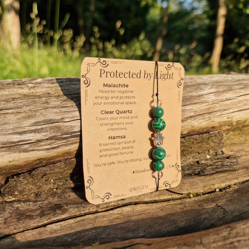 Protected by Light | Malachite and Hamsa Crystal Bracelet for Strength and Peace